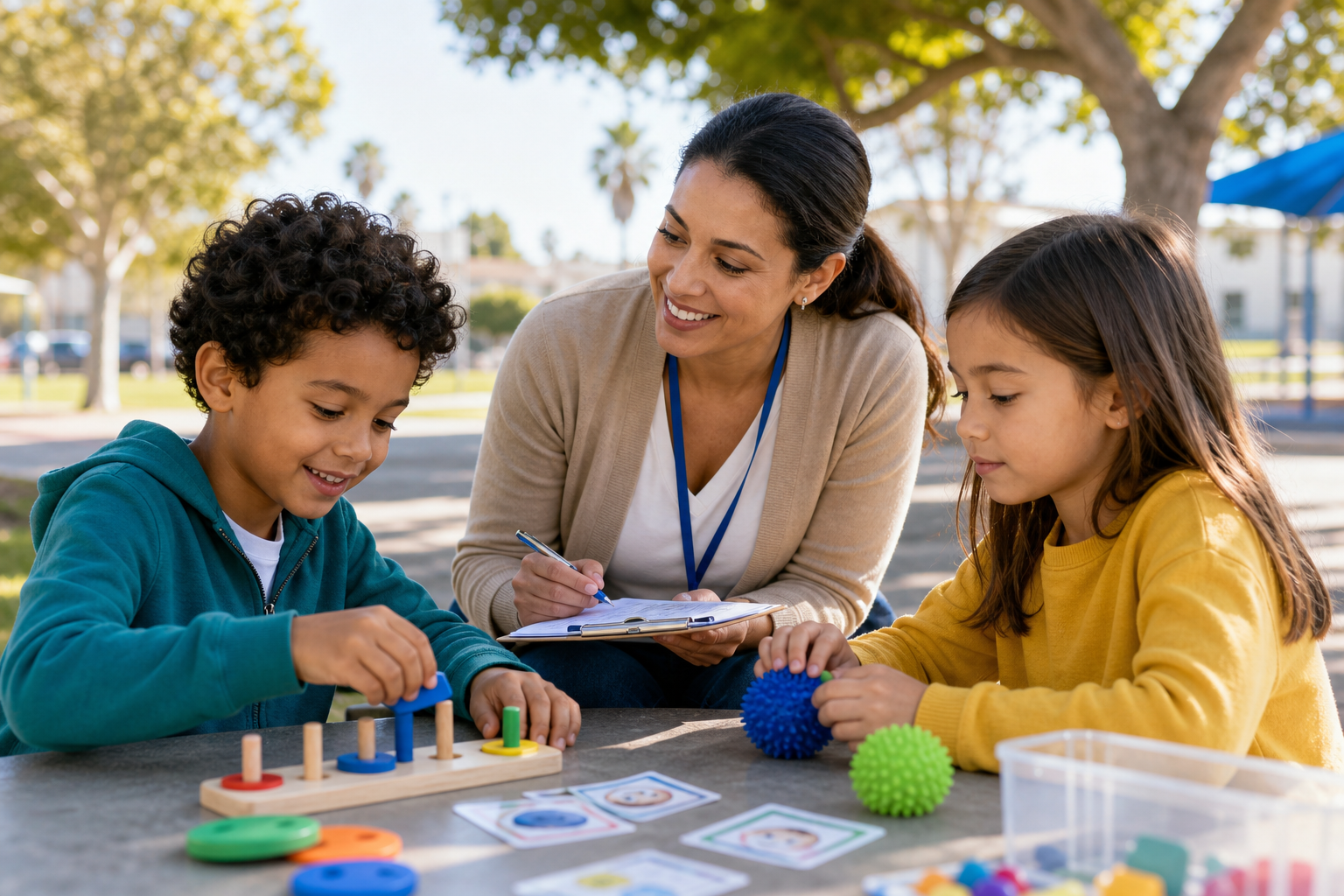 Inclusive outdoor support scene with children and a caring specialist engaging in collaborative play and learning