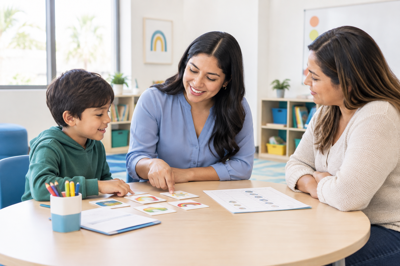 Warm professional specialist collaborating with a child and parent over educational activity materials in a bright classroom-like setting
