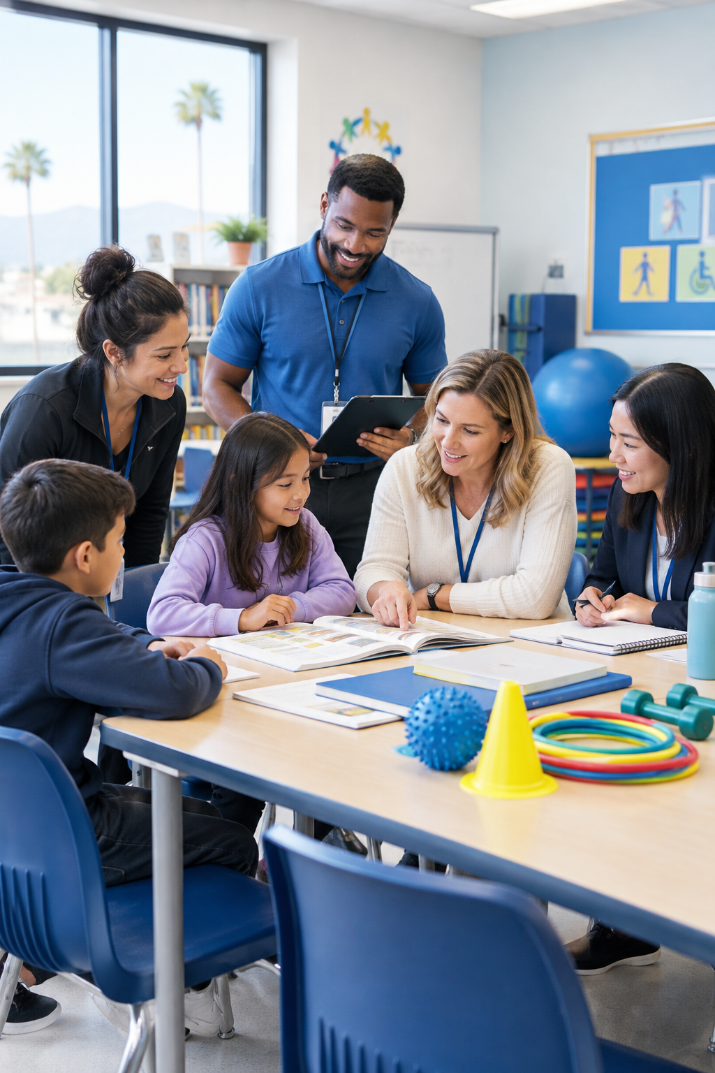 Multidisciplinary school support team collaborating with students in a classroom planning and learning setting