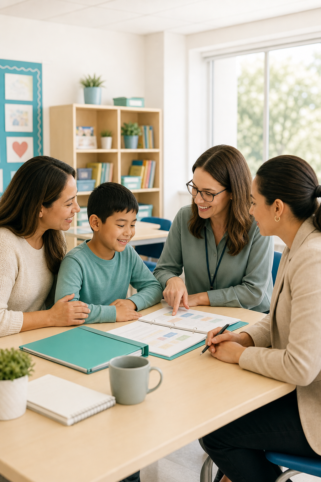 Warm and professional school support moment with a diverse parent and child meeting collaboratively with an educator and therapist in a bright classroom