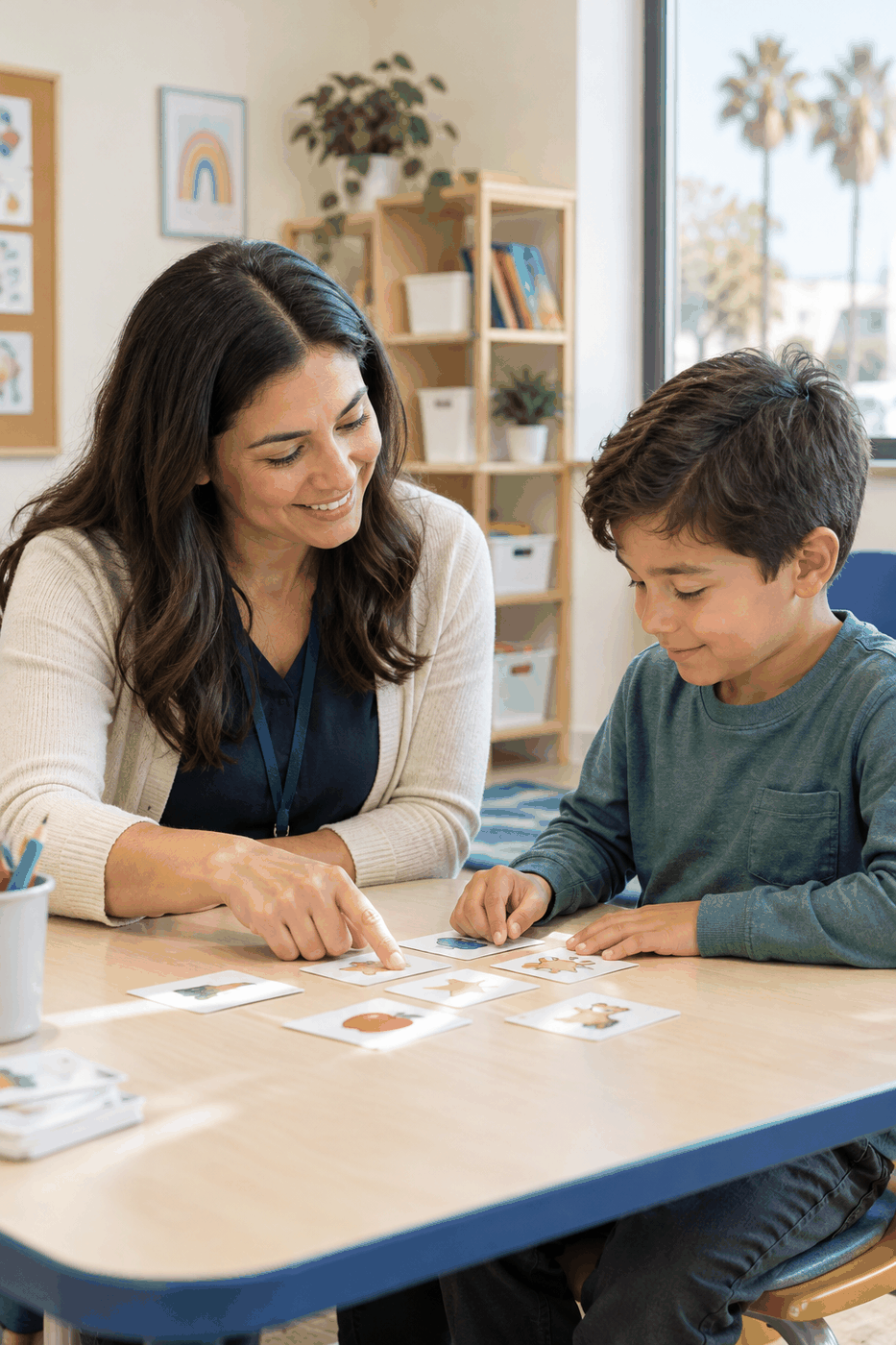 Calm support moment between a child and a professional in an educational care setting