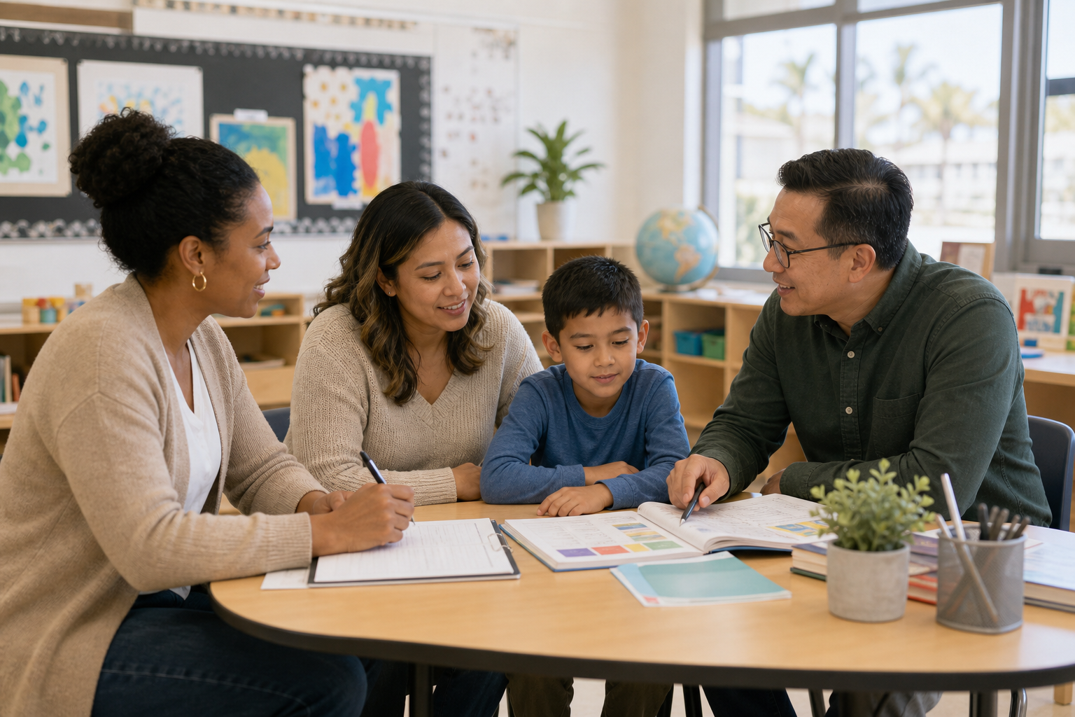 Warm, inclusive support meeting with a parent, child, and school team collaborating at a classroom table