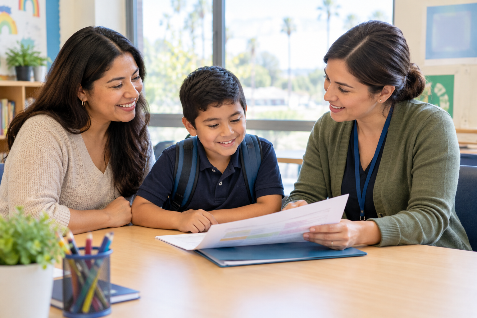 Warm collaboration between a parent, child, and educational support professional in a bright Southern California school-adjacent setting