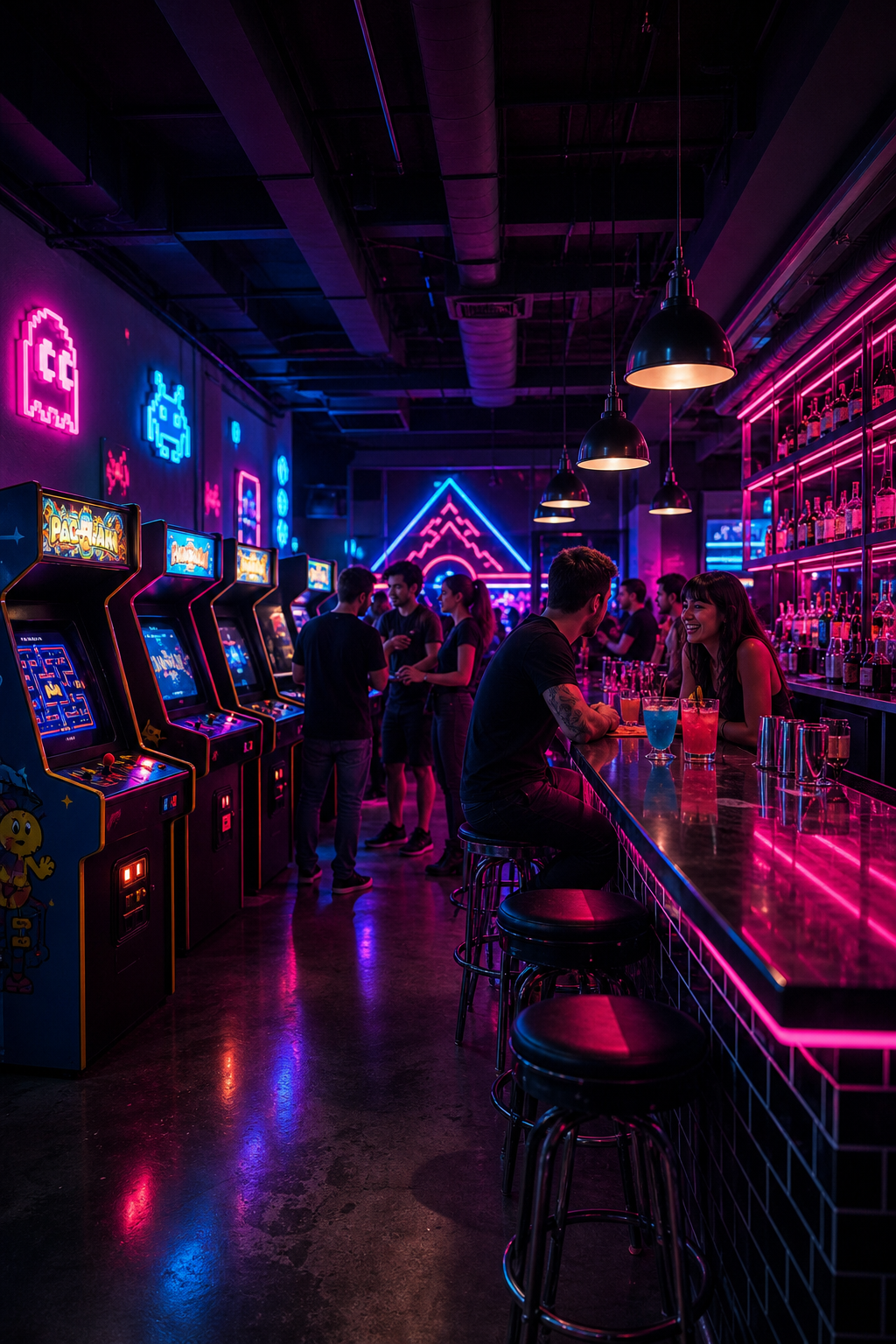 Moody neon arcade bar interior with glowing game cabinets, cocktail bar seating, and atmospheric nightlife lighting