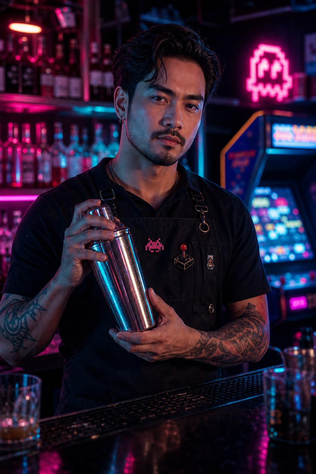 Stylized neon portrait of Rio in a black apron with cyan highlights, holding a glowing cocktail shaker