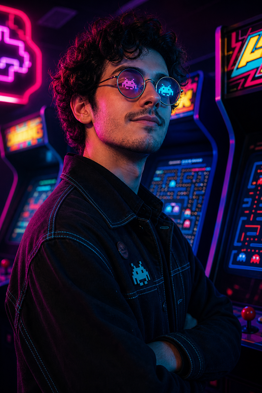 Stylized neon portrait of Milo wearing retro round glasses with pixel reflections, standing by vintage arcade machines