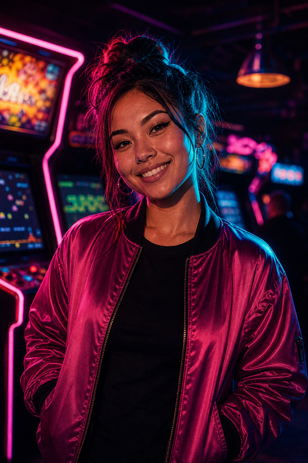 Stylized neon portrait of Jas with a magenta bomber jacket and teal rim light, smiling in an arcade bar