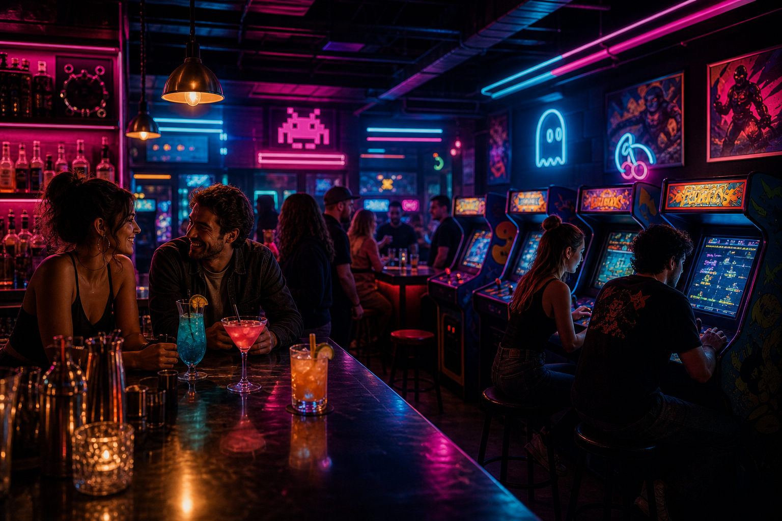 Moody neon-lit retro arcade bar interior with glowing cabinets, colorful cocktails on the bar, and a lively social night atmosphere