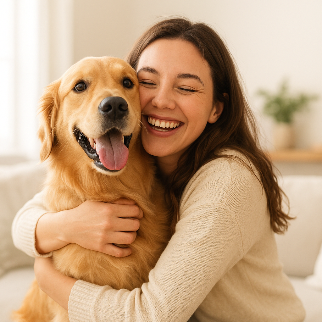 Smiling woman hugging her golden retriever