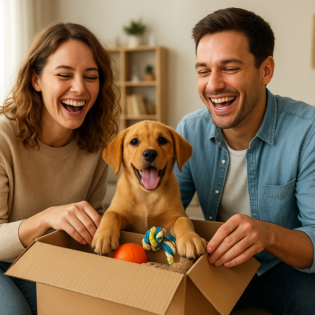 Laughing couple with their puppy and delivery box