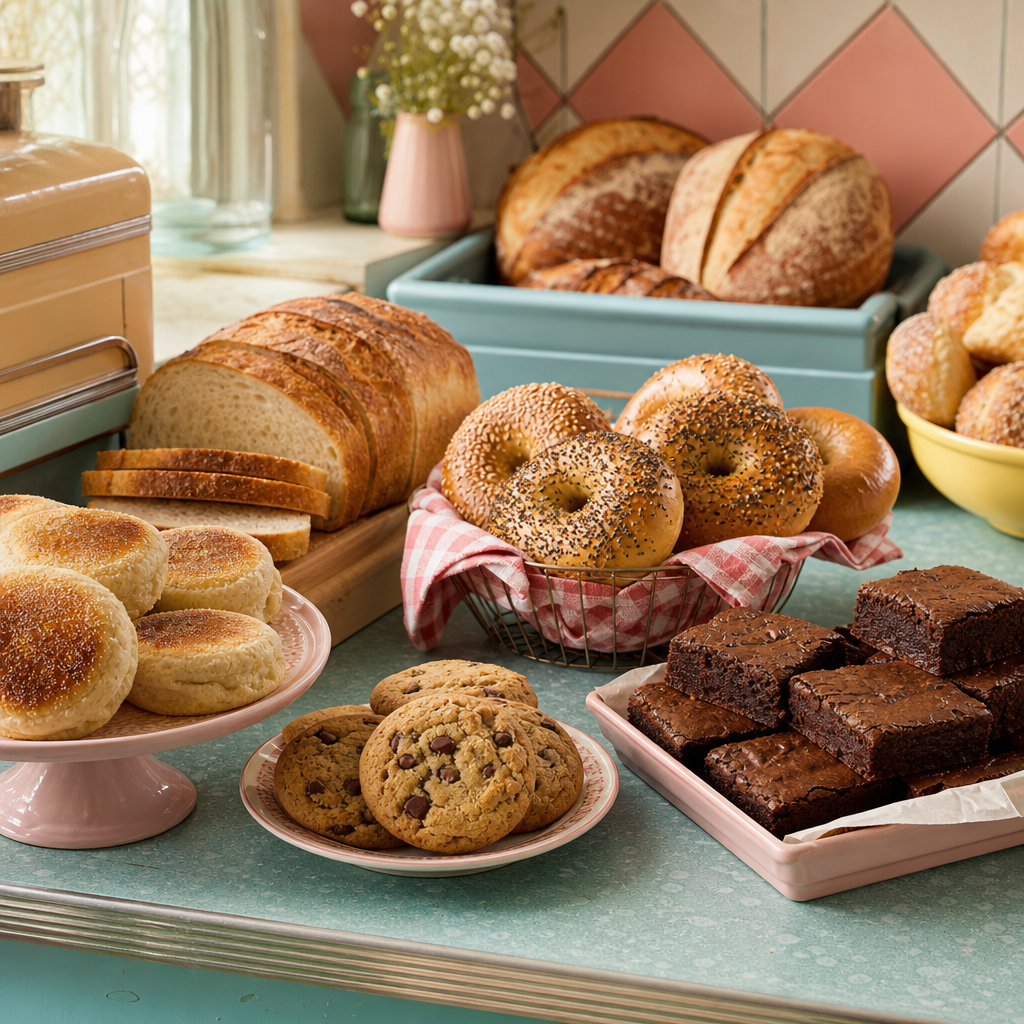Warm retro bakery portrait scene with a smiling baker at a pastel counter, sourdough loaves, and fresh pastries