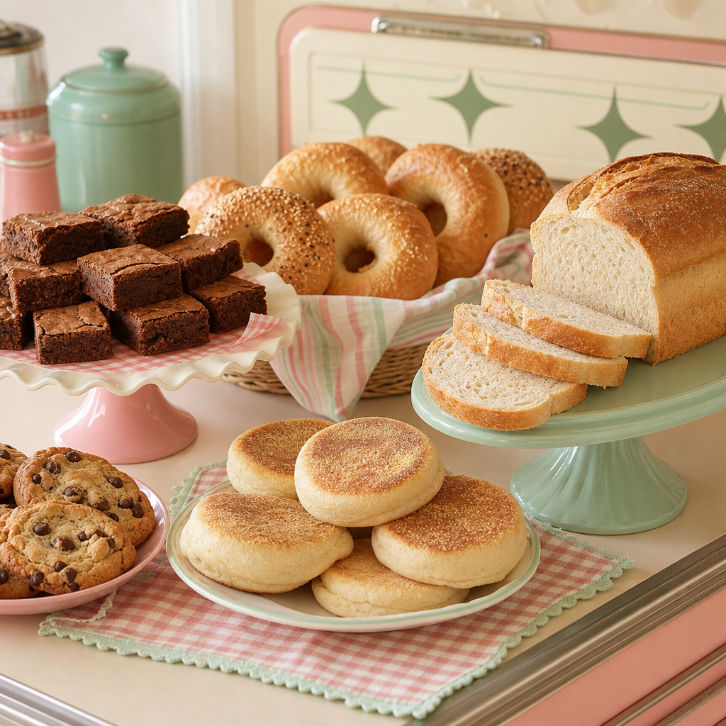 Pastel retro bakery counter with sourdough donuts, rustic loaves, and cozy 1950s-inspired styling