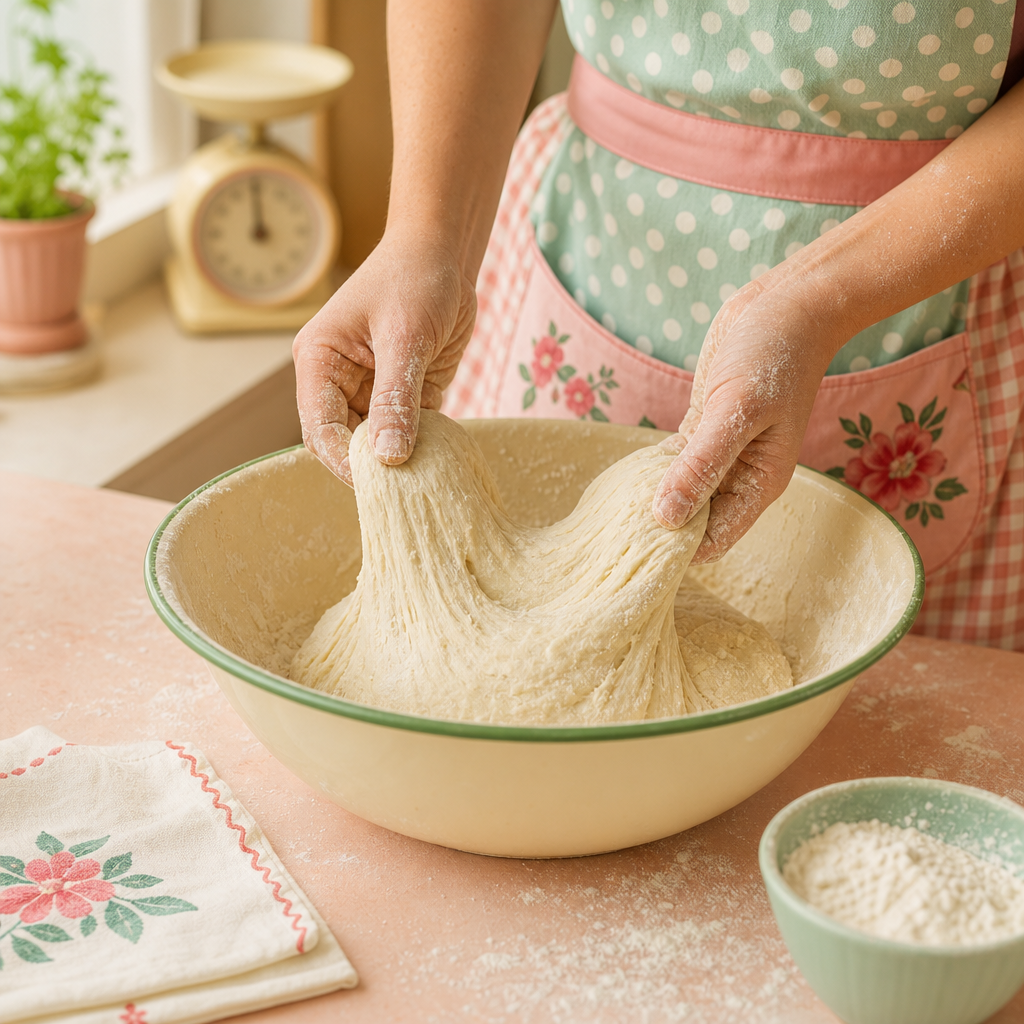 Hands stretching and folding soft sourdough dough in a cream enamel bowl