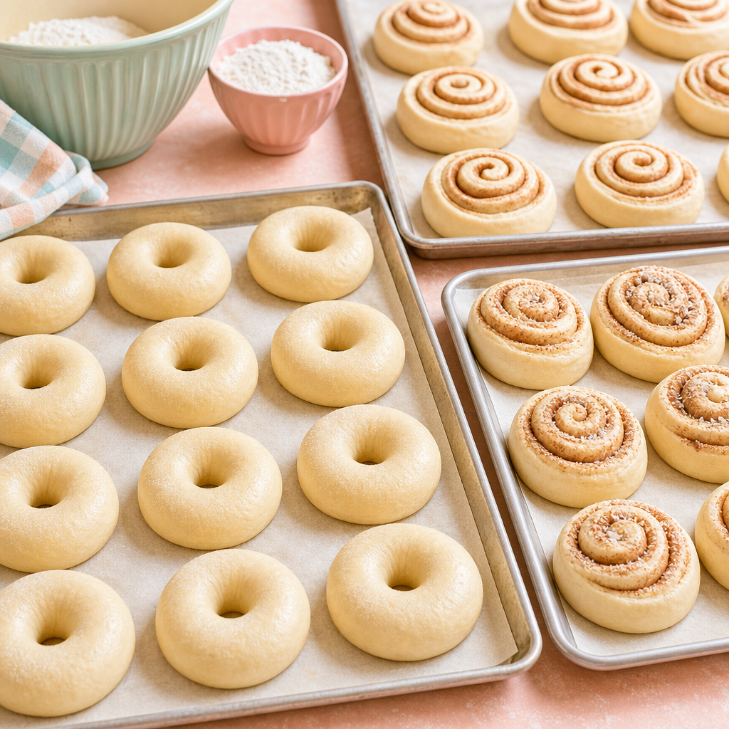 Rows of shaped sourdough donuts and rolls proofing on parchment-lined trays