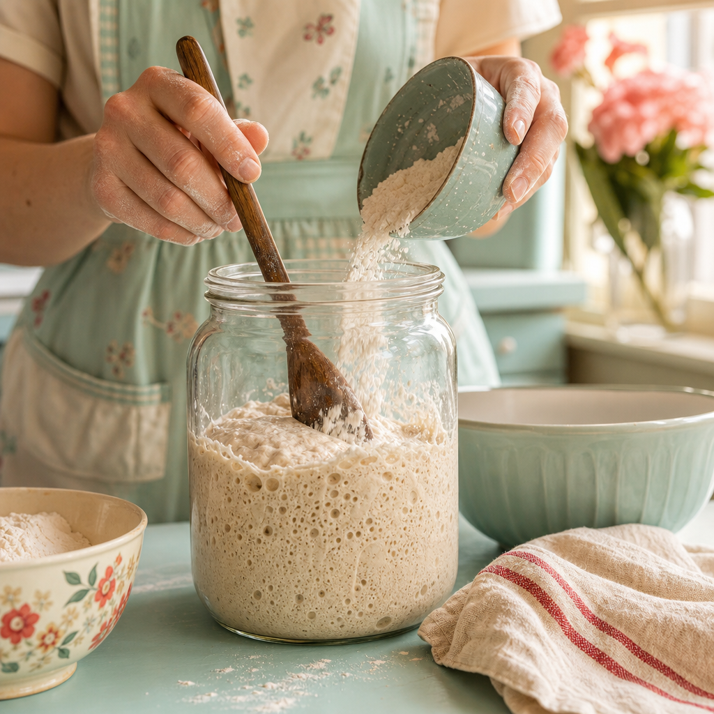 Baker feeding a bubbly sourdough starter in a clear glass jar on a pastel kitchen counter