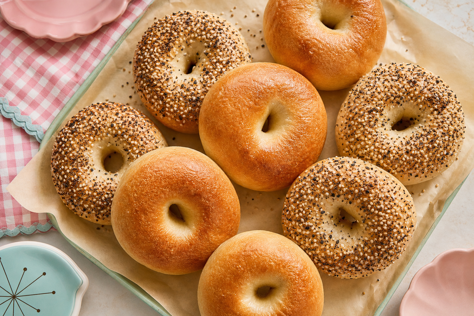 Assorted sourdough bagels including plain and everything bagels on a tray