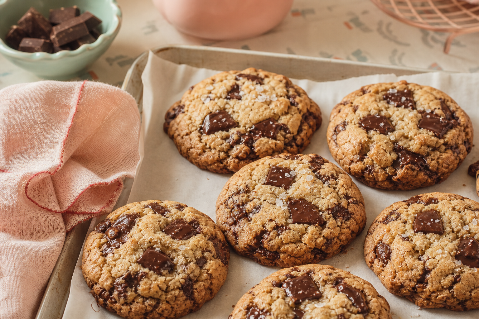 Fresh sourdough chocolate chunk cookies with gooey melted chocolate on a parchment-lined tray