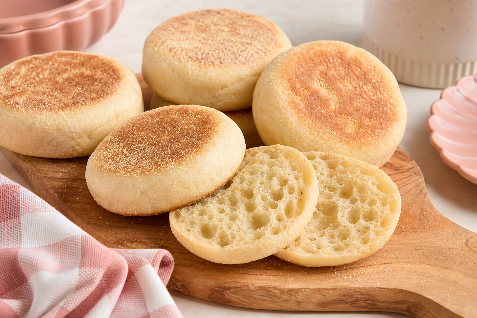 Fresh sourdough English muffins split open to show airy interior
