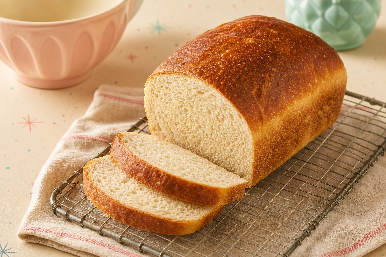 Sourdough sandwich bread loaf with a golden crust on a cooling rack