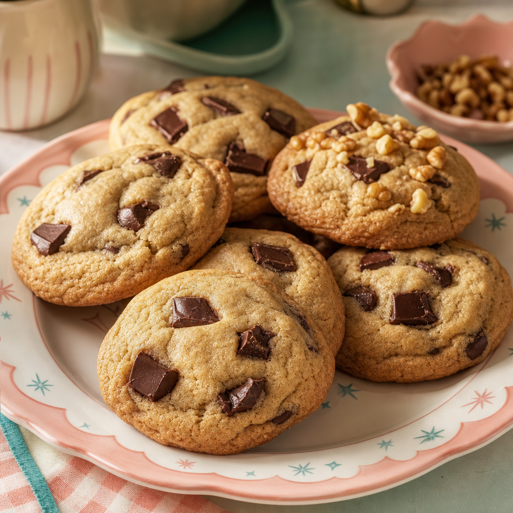 Freshly baked sourdough chocolate chunk cookies with golden edges and melted dark chocolate pieces on a pastel vintage plate