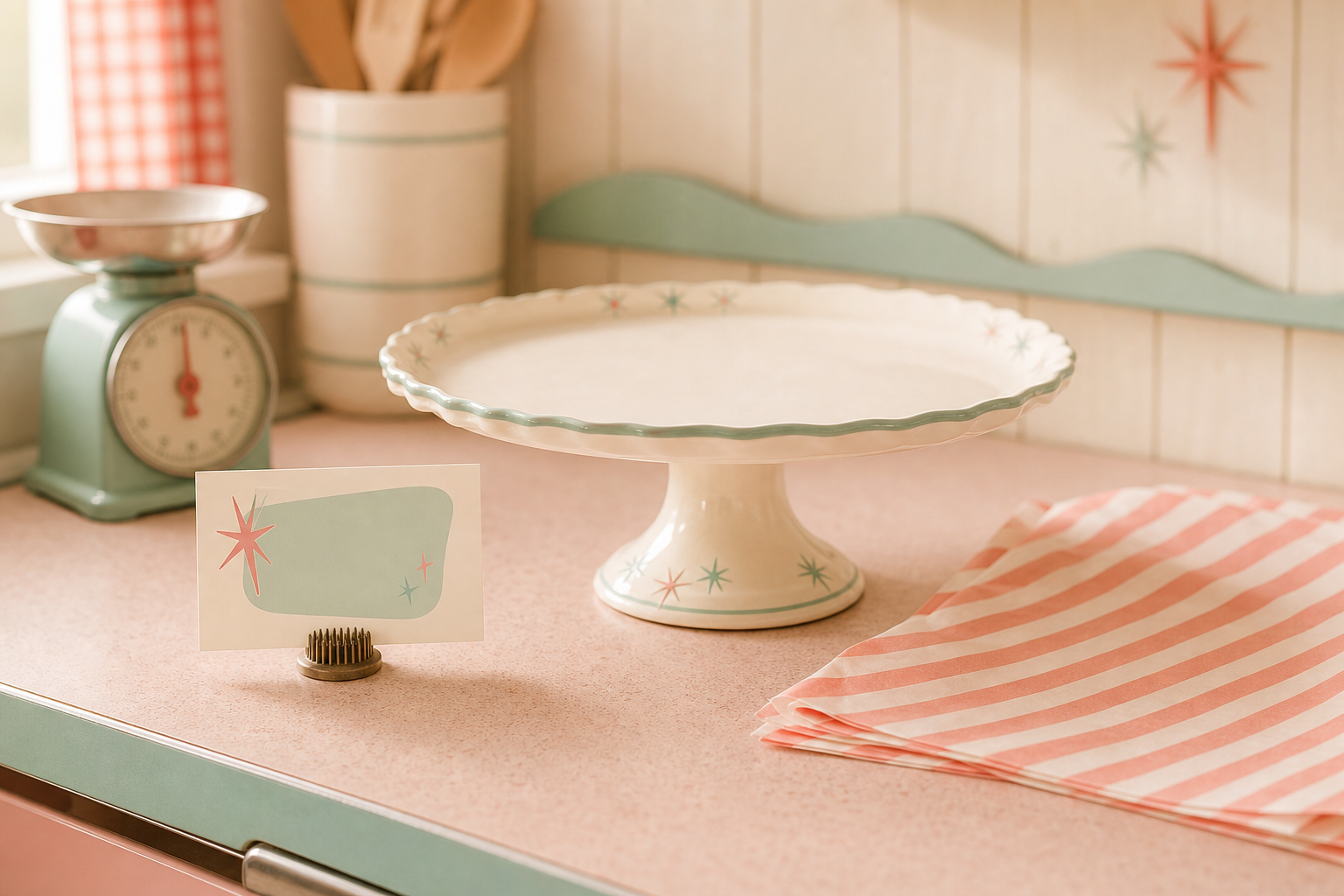 Soft pastel bakery counter vignette with empty cake stands, folded striped paper, and a small coming soon card in gentle natural light