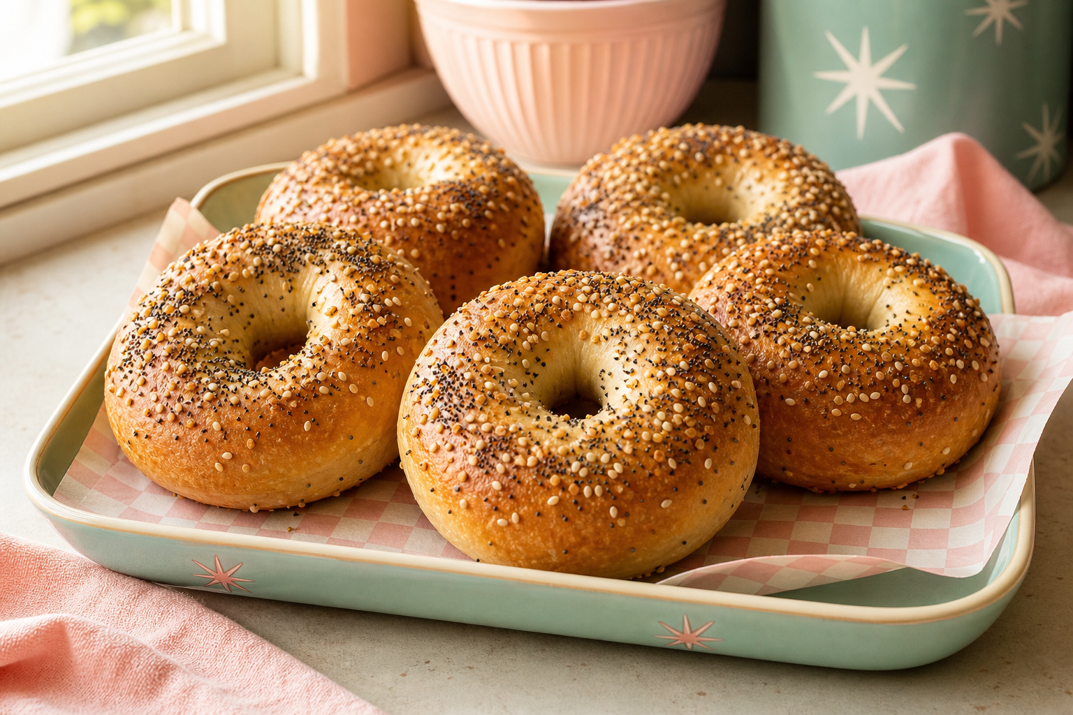 Chewy everything sourdough bagels with glossy golden crusts and generous sesame, poppy, garlic, and onion seasoning on a retro pastel bakery tray