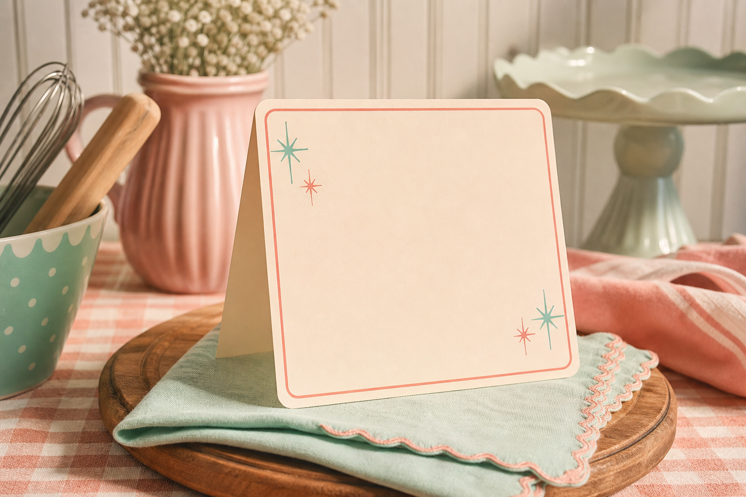 Neutral retro tabletop scene with a blank menu card, pastel napkin, and vintage bakery props arranged as an upcoming special placeholder