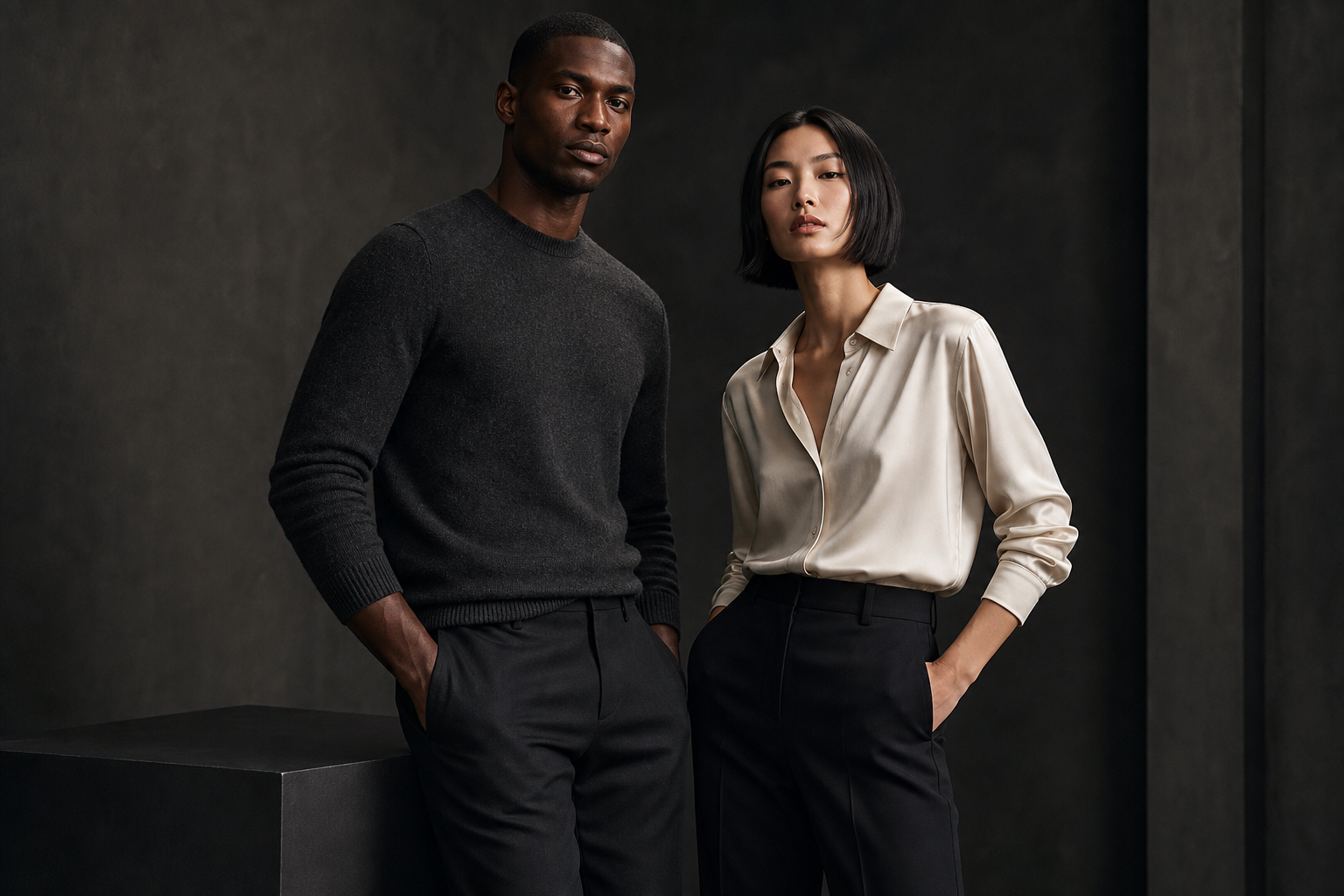 Editorial fashion portrait of a stylish man and woman in refined casual luxury outfits