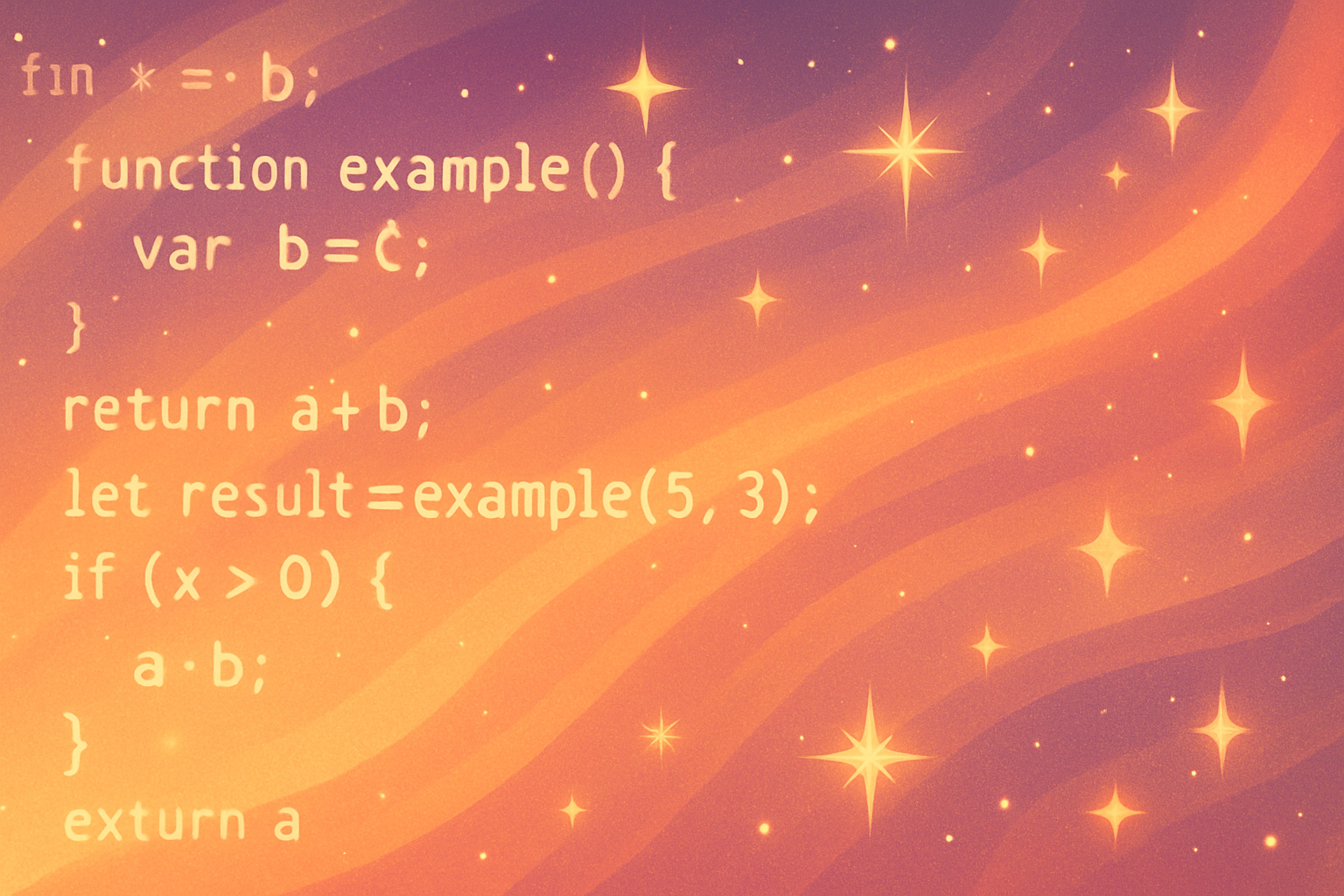 浪漫编程氛围插画：无人物、抽象流光与代码元素，温暖明亮，适合初学者