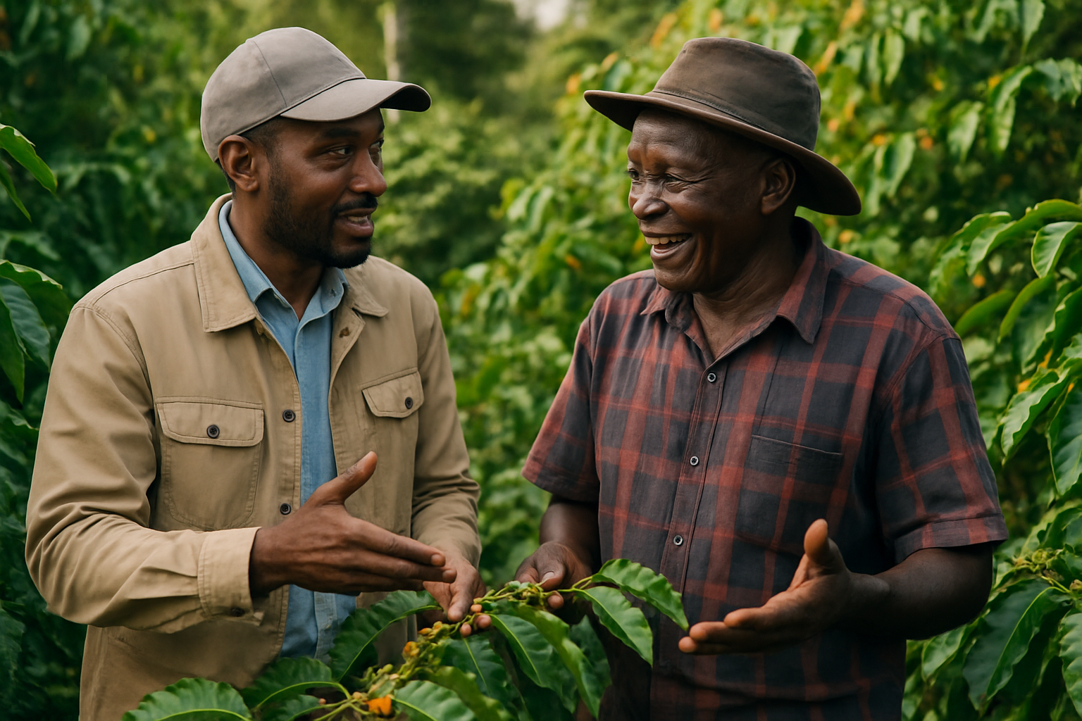 Agricultural expert and Tanzanian farmer discussing on a coffee field
