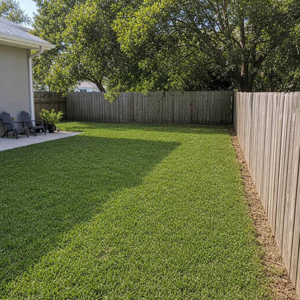 Backyard in Jacksonville after landscaping cleanup with cleared debris, tidy grass, and defined borders