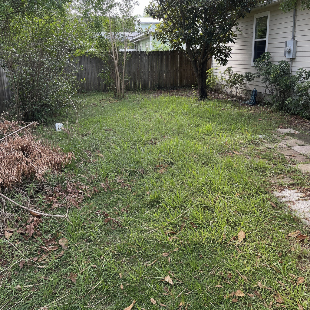 Backyard in Jacksonville before landscaping service with debris, leaves, and patchy grass