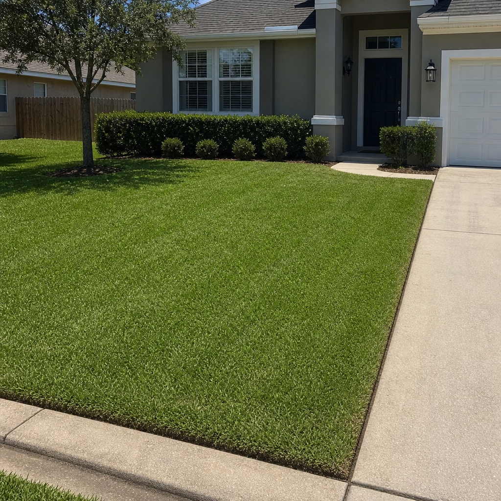 Real Jacksonville lawn after service with crisp mowing lines, trimmed edges, and clean curb
