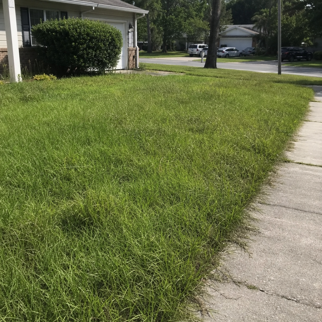 Real Jacksonville lawn before service with overgrown grass and uneven edging