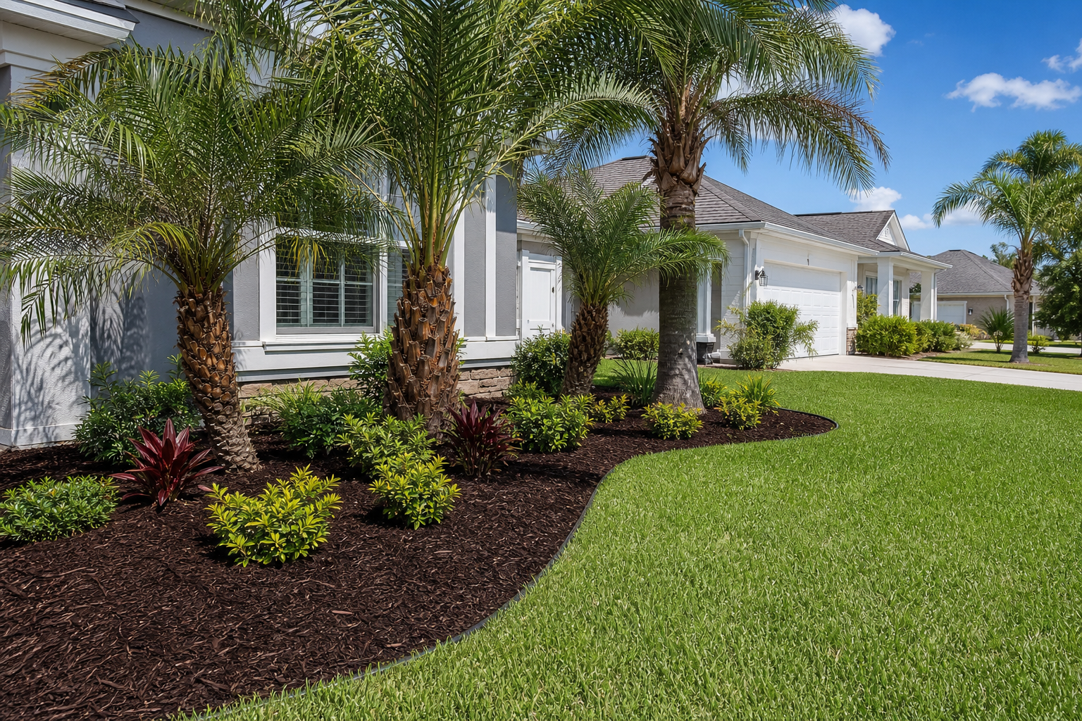Freshly installed dark-brown mulch bed around palm trees with clean edging in a Jacksonville front yard