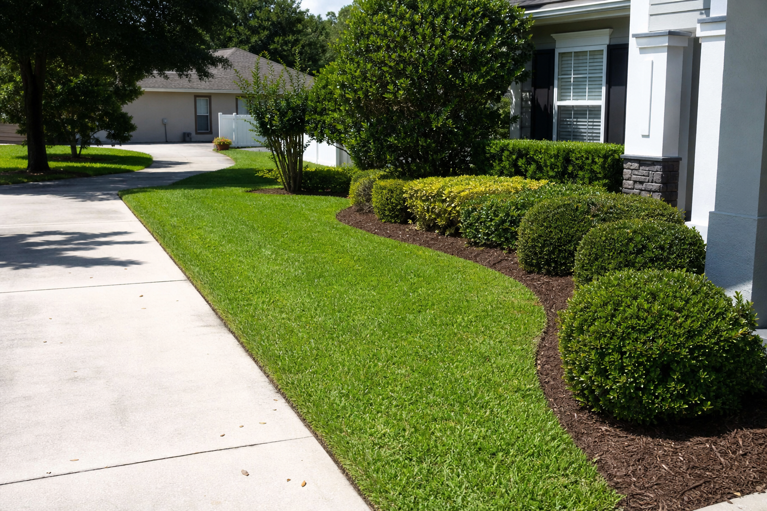 Real QDS project photo of a freshly cut Jacksonville lawn with crisp edges, clean mulch beds, and a bright driveway