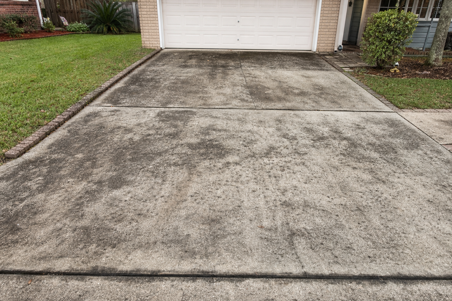 Jacksonville driveway before pressure washing with dark stains, dirt, and mildew