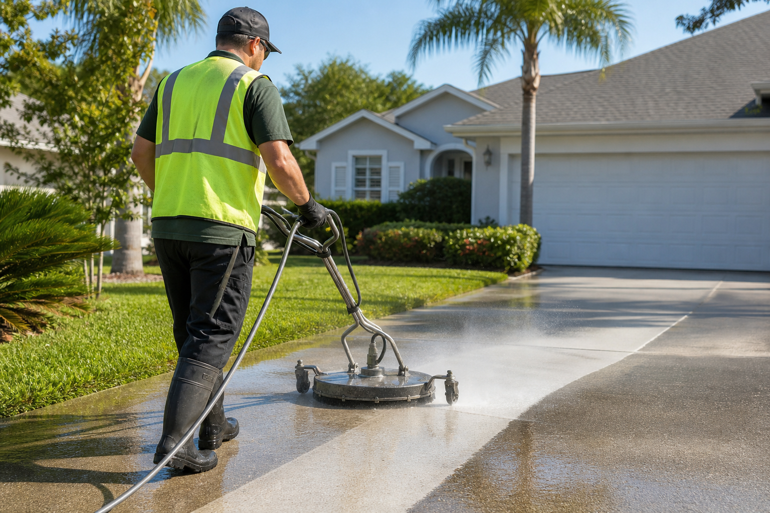 Local technician pressure washing a Jacksonville driveway with a surface cleaner, water mist rising and a clean bright path behind