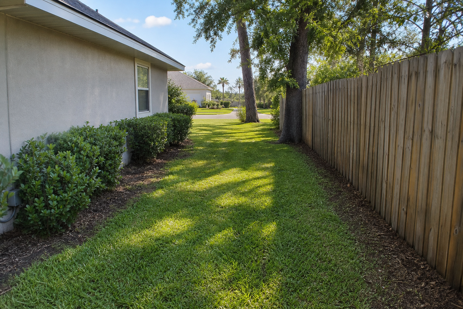 Jacksonville yard after tree service with trimmed branches, cleared debris, and clean fence line