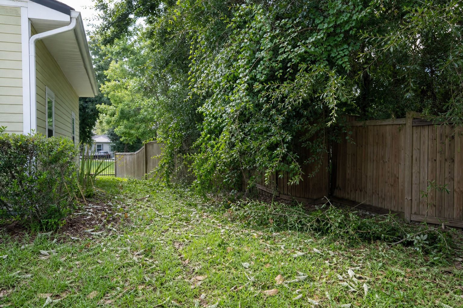 Jacksonville yard before tree service with overgrown branches and debris near the fence