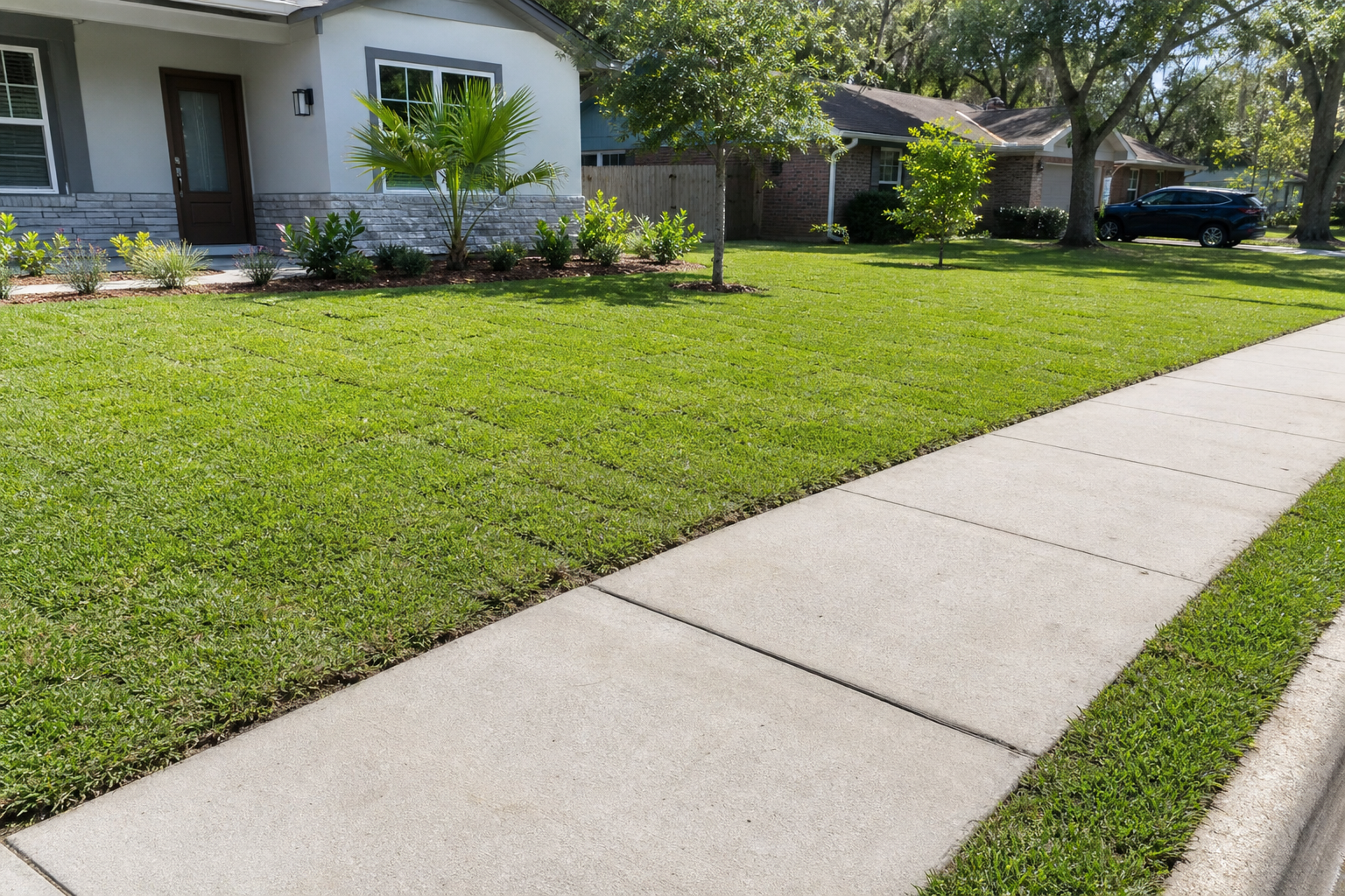 Jacksonville yard after sod installation with fresh green sod, clean seams, and even coverage