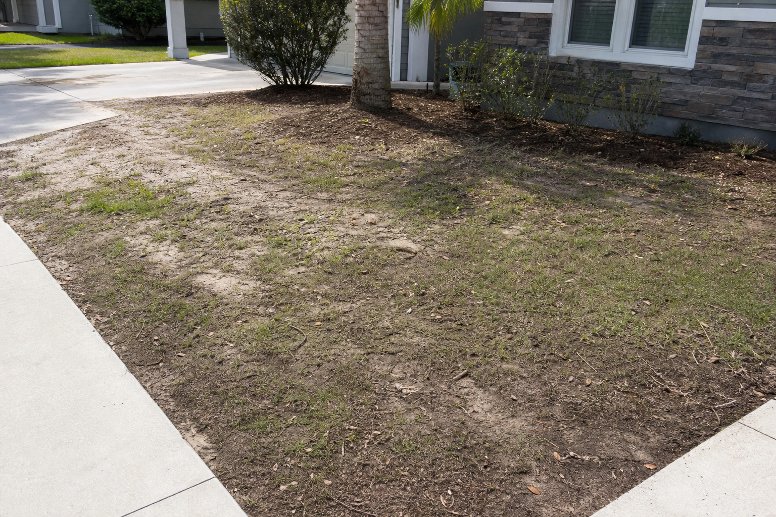 Jacksonville yard before sod installation with bare soil and thin grass patches