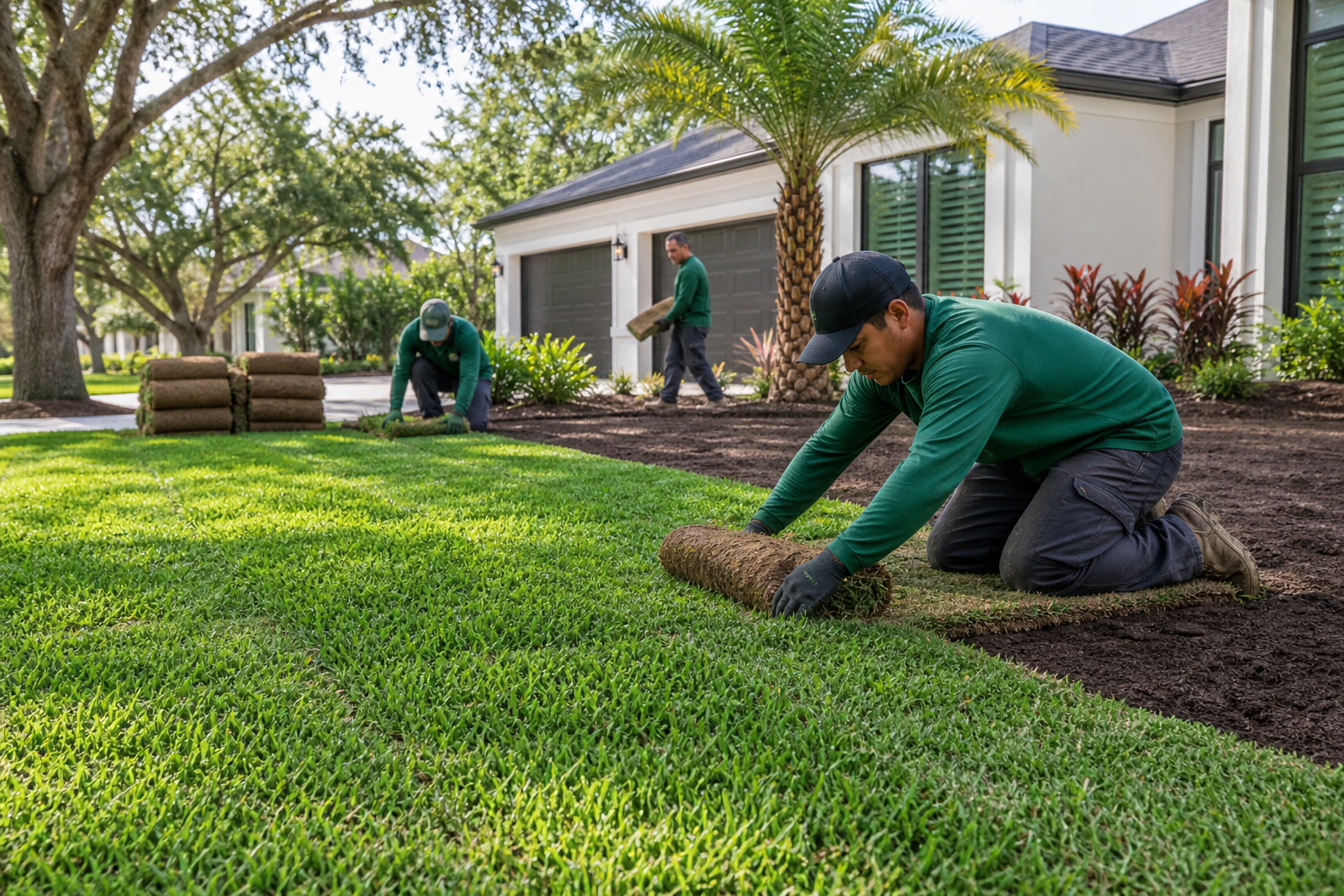 Professional sod installation crew laying fresh green sod on a leveled yard in Jacksonville