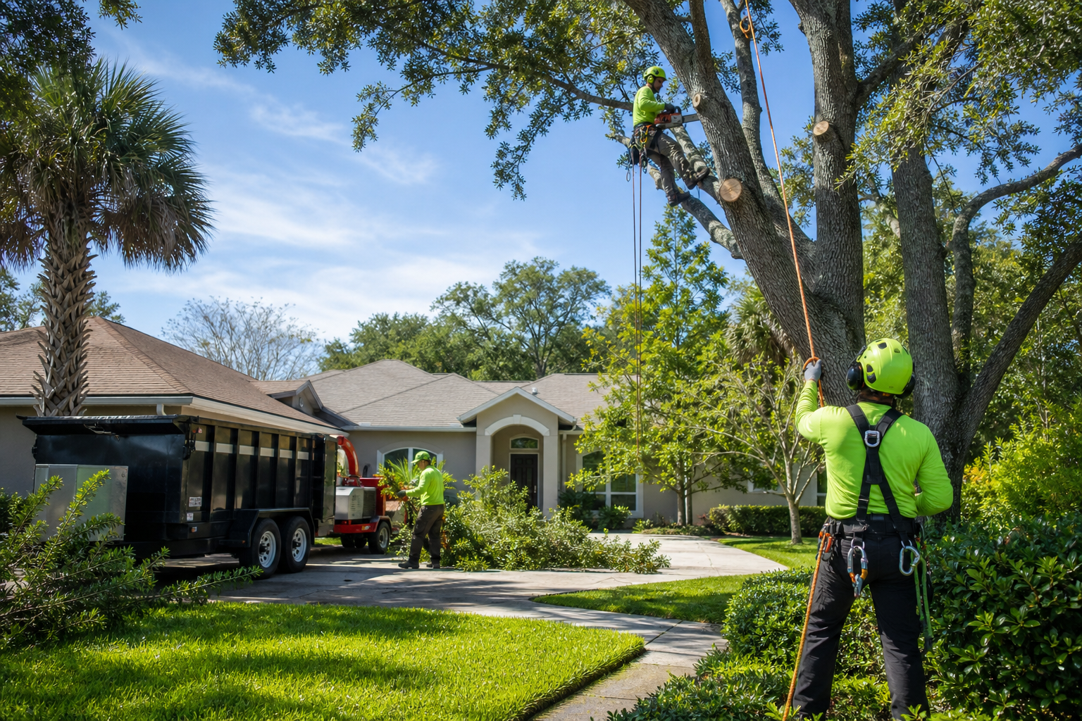 Professional crew trimming tall oak trees on a clean Jacksonville residential property
