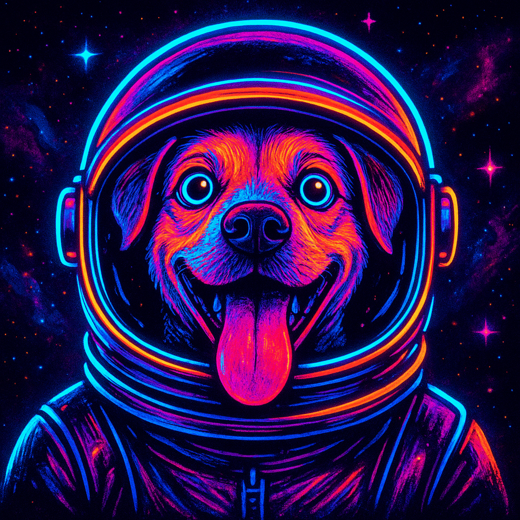 Bark Armstrong in a neon spacesuit helmet, tongue out