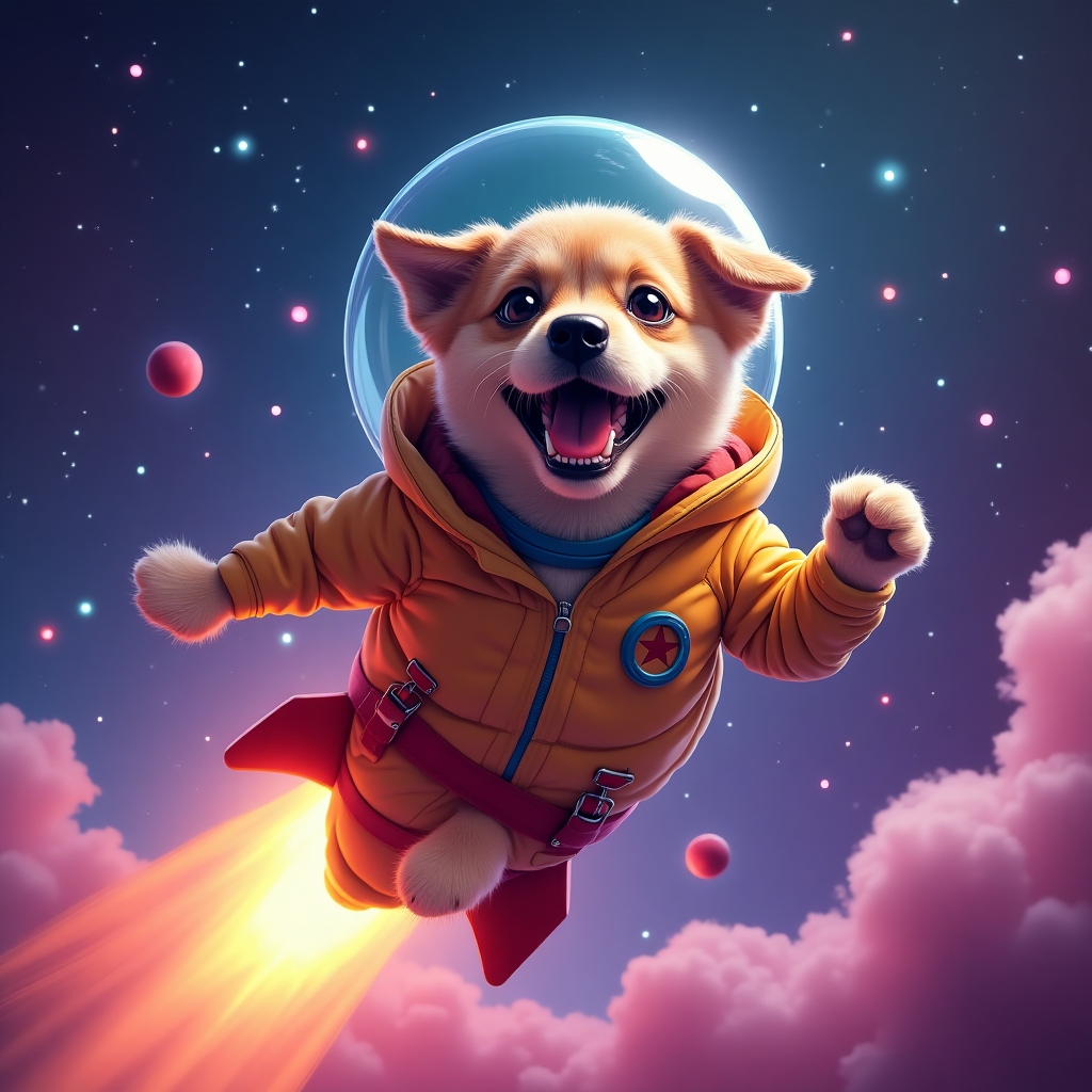 Dog in spacesuit riding a rocket with neon cosmic background