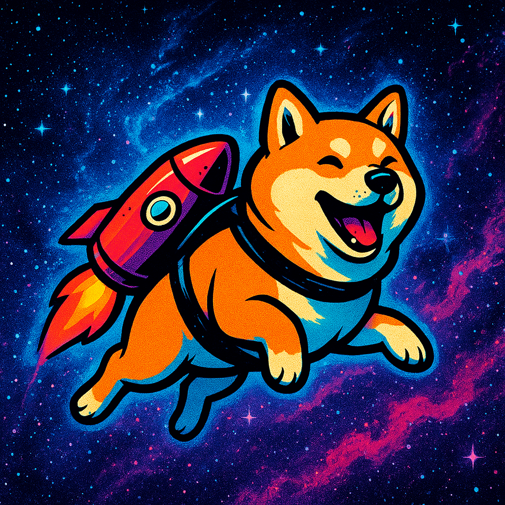 Laika Paws, a shiba inu floating with a rocket pack in space