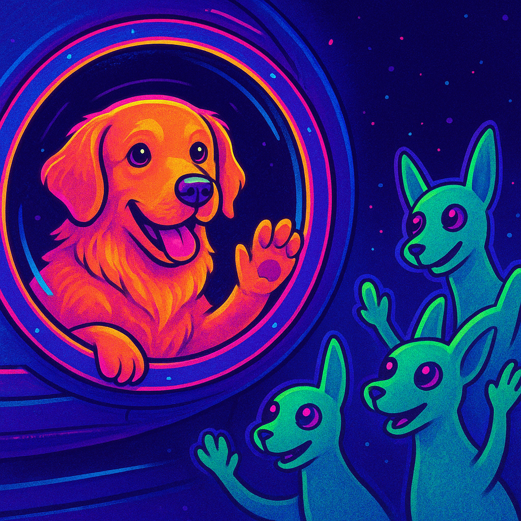 Golden retriever in a space pod, waving at green alien dogs