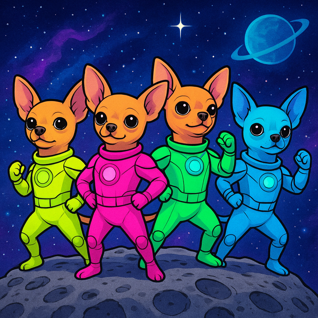 Pack of chihuahuas in matching neon suits, posing heroically on an asteroid