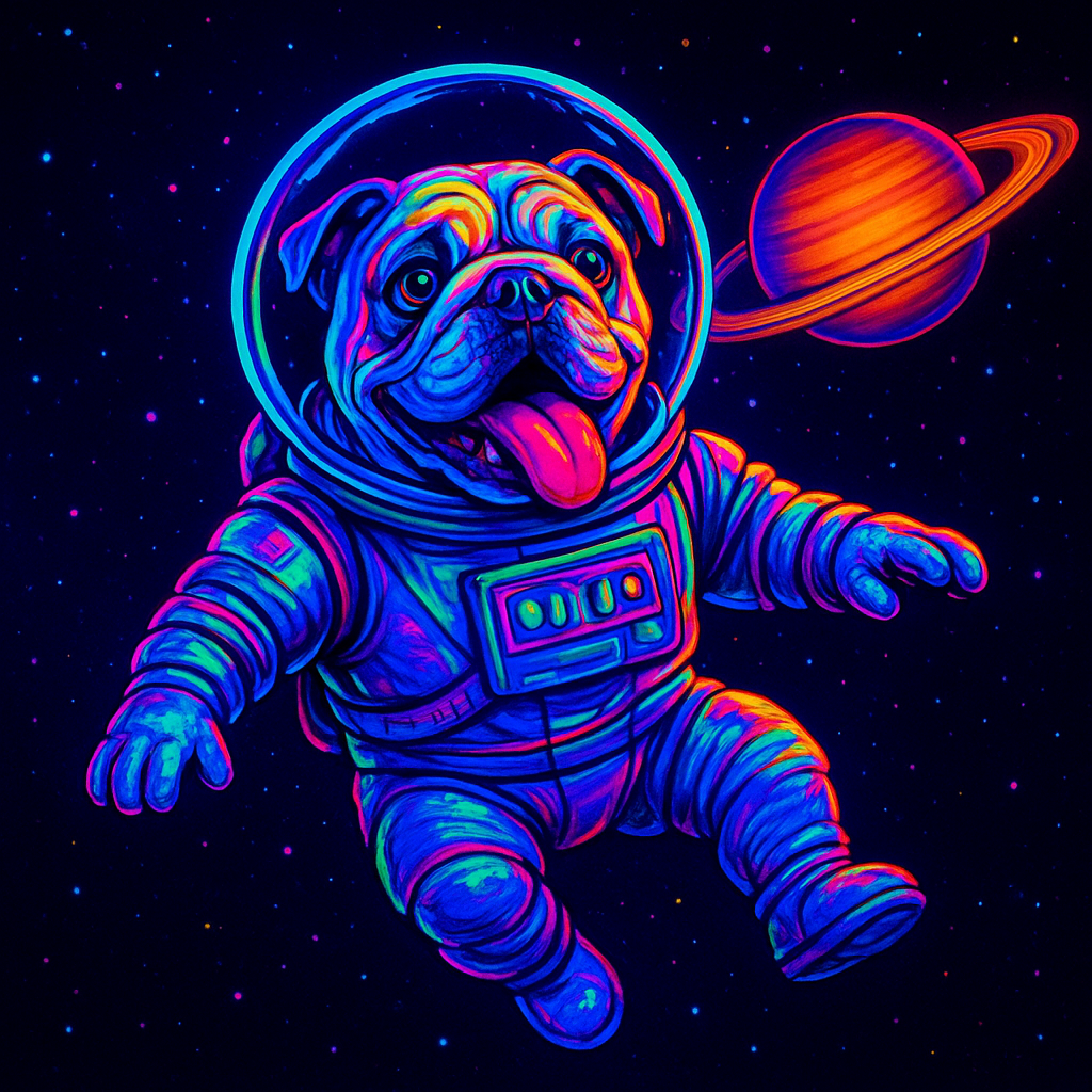 Bulldog in a neon spacesuit floating by Saturn, tongue out